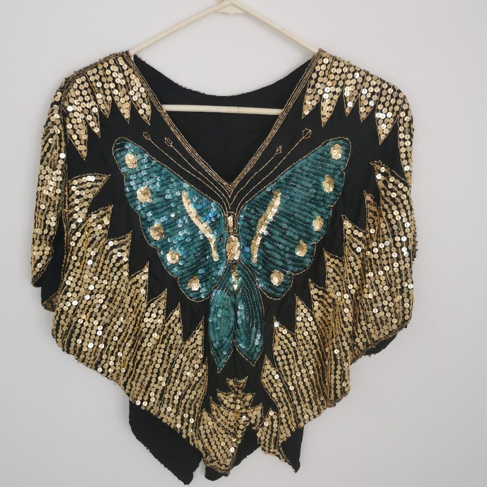 Turquoise and Gold vintage butterfly shirt